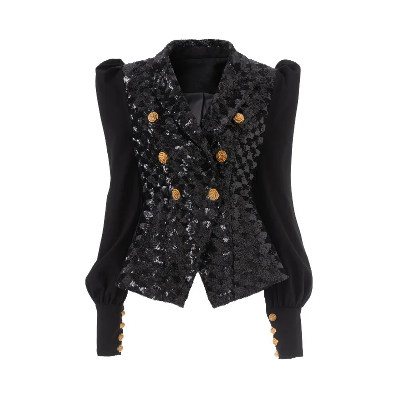 Women Black Sequin Blazer Jacket Puff Chiffon Sleeve Double Breasted Gold Buttons Vintage Short Slim Party Outerwear