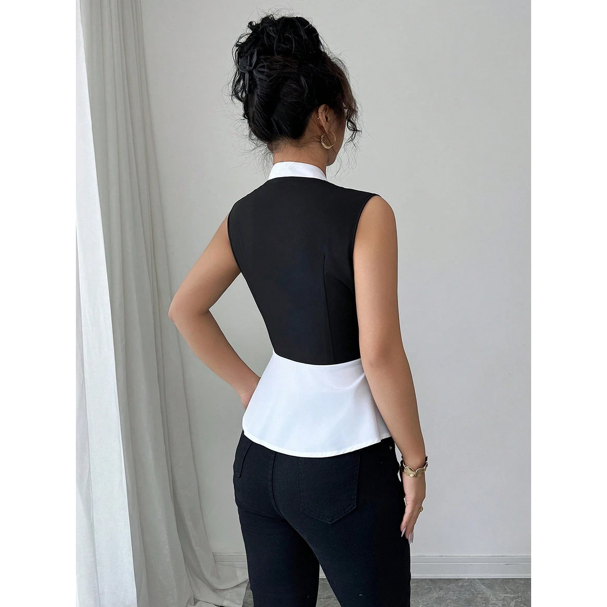 Cross-Border Sleeveless Commuter Style Shirt New Summer Fake Two-Piece Open Cardigan Women's Fashion V-Neck Polyester Blend