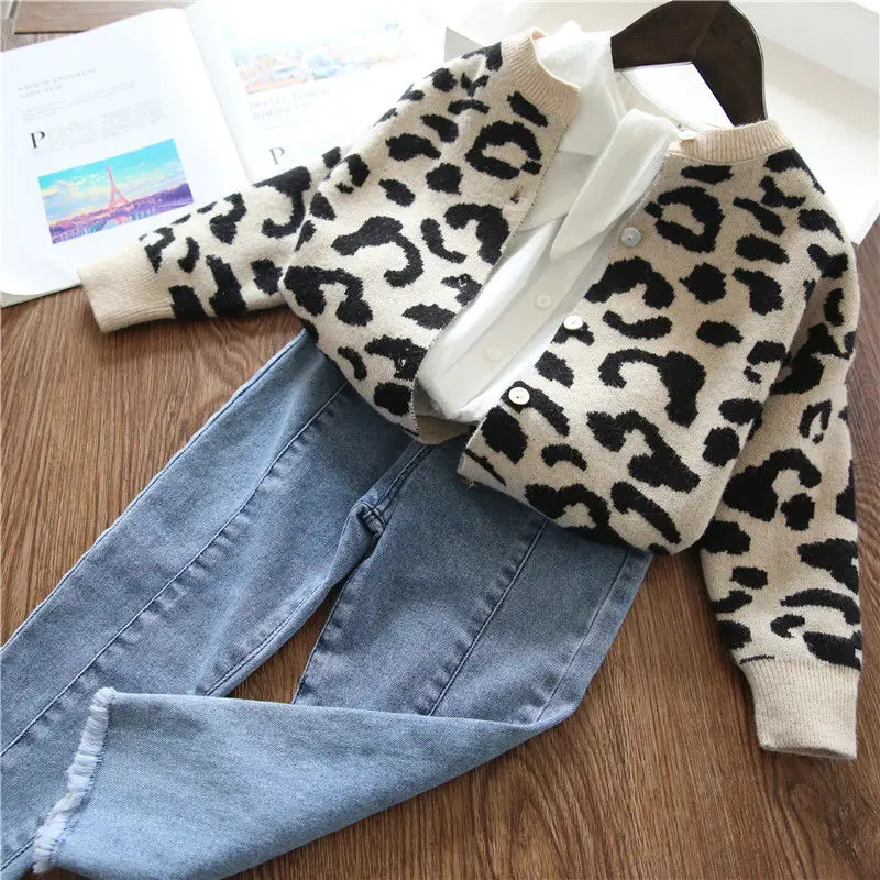 

2024 Autumn Girls Fashion Leopad Sweaters Baby Kids Children Knitting Shirt Cardigan