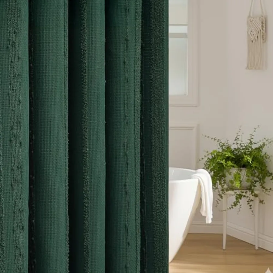 

Extra Long Dark Green Shower Curtain Boho, 72 x 84 Cotton Blend Waffle Weave Stripe Textured Heavy Duty, Fabric Shower Curtain