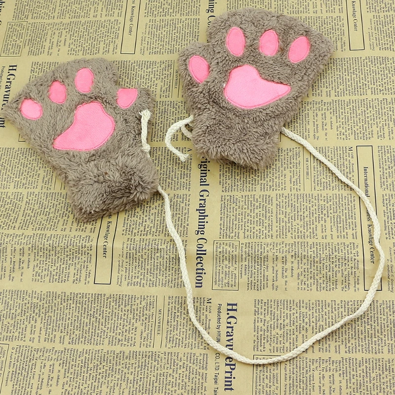 U90C Winter Women Cute for Cat Paw Claw Plush Mittens Short Fingerless Finger Half Gl