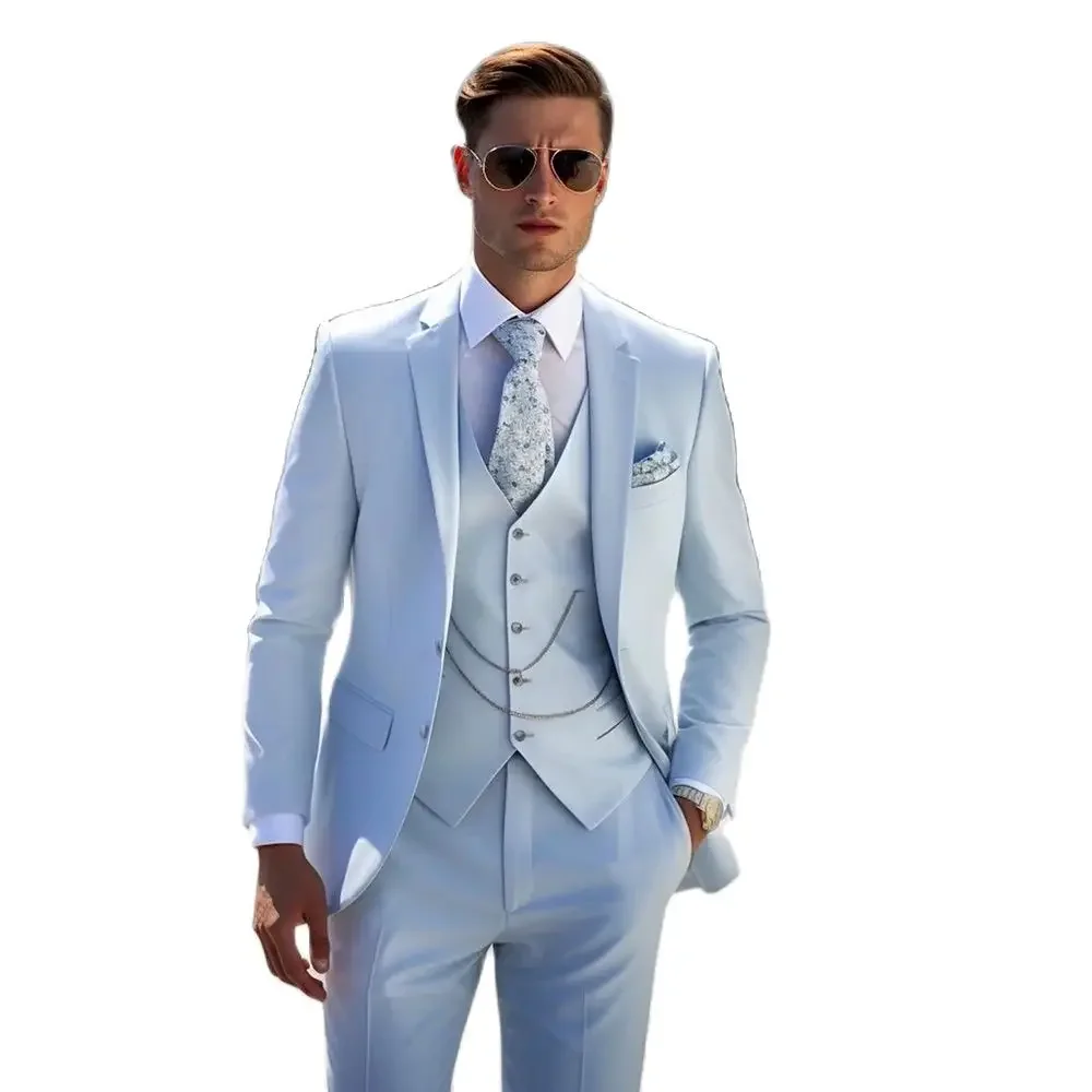Abito blu cielo da uomo con risvolto monopetto elegante giacca a tre pezzi pantaloni gilet abito da sposa slim-fit