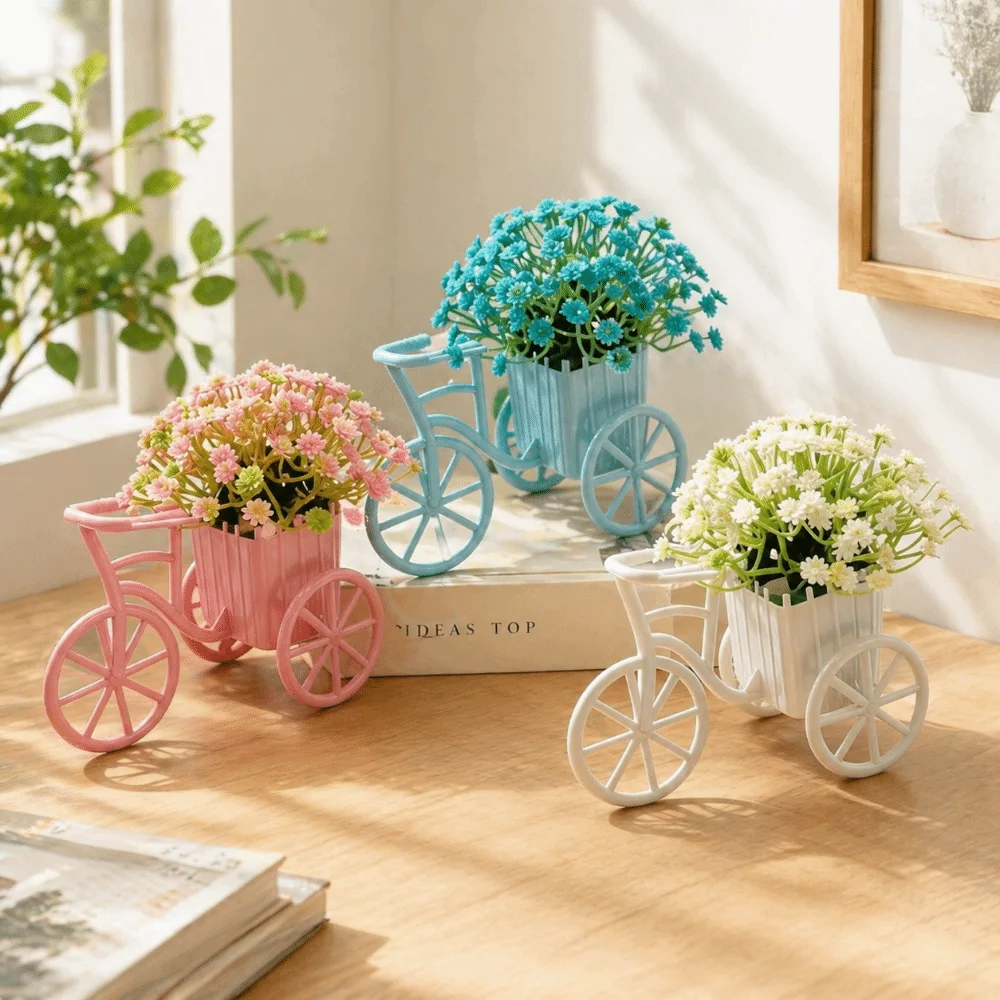 Country tyle Mini Bicycle Ornaments Miniature Garden Decoration Artificial Potted Bonsai Tricycle Models Artificial Green Plants