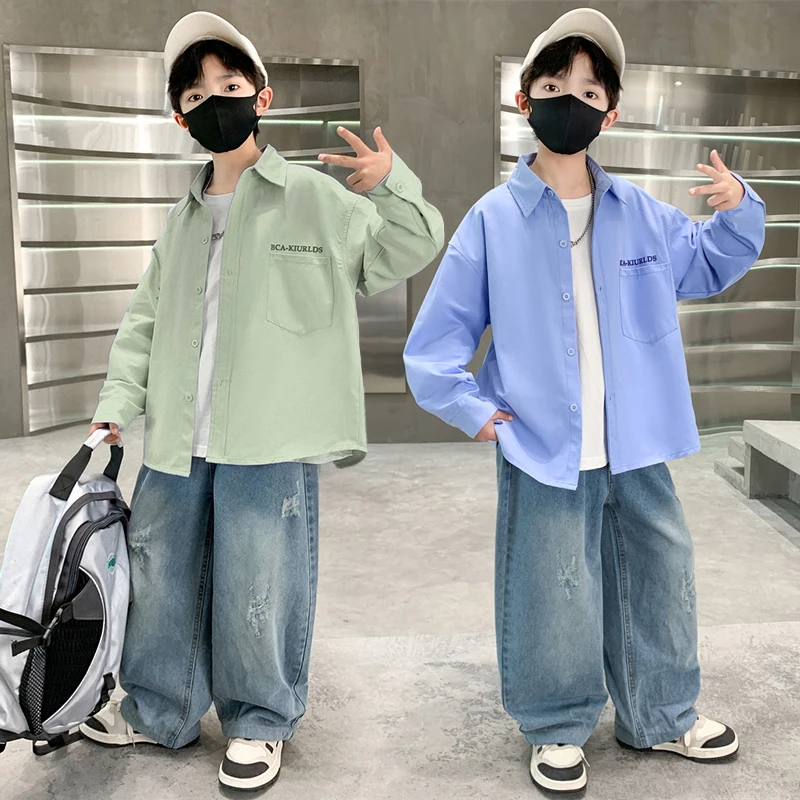 Spring Autumn Boys Cotton Shirt School Kids Long Sleeve Blouse Clothes Teenage Casual Outfit Age 4 5 6 7 8 9 10 11 12 13 14 Year