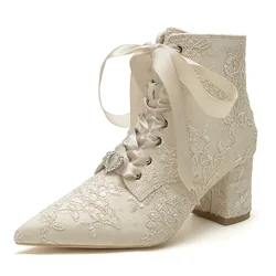 Lace Wedding Boots Block Heel Pointed Toe Lace-up Bridal Heels Ankle Bootie Evening Formal Party Dressy Shoes