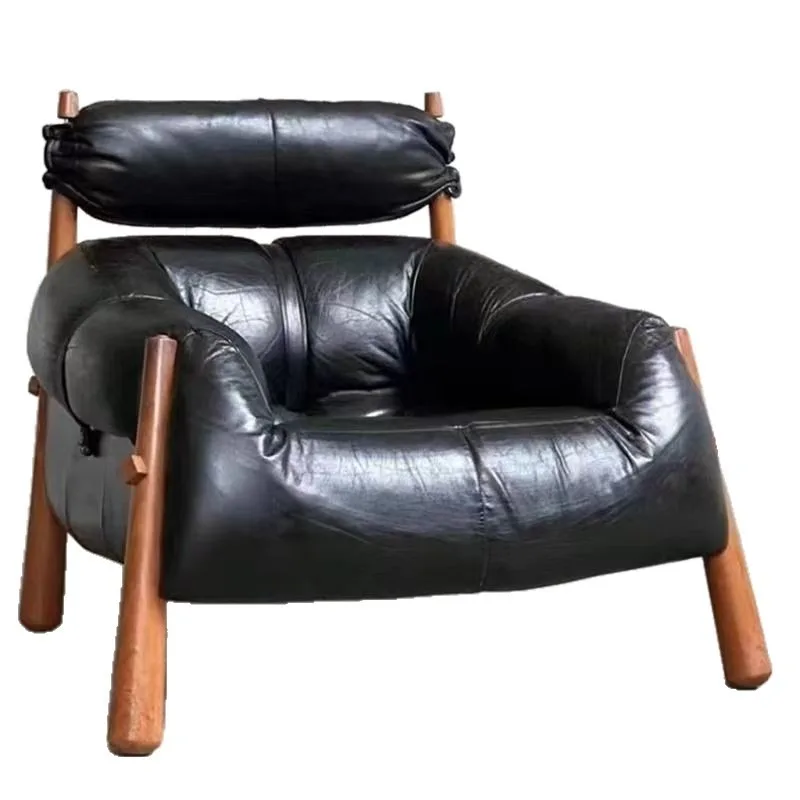 

Medieval Italian creative single designer balcony sofa chair, living room solid wood oil wax leather leisure