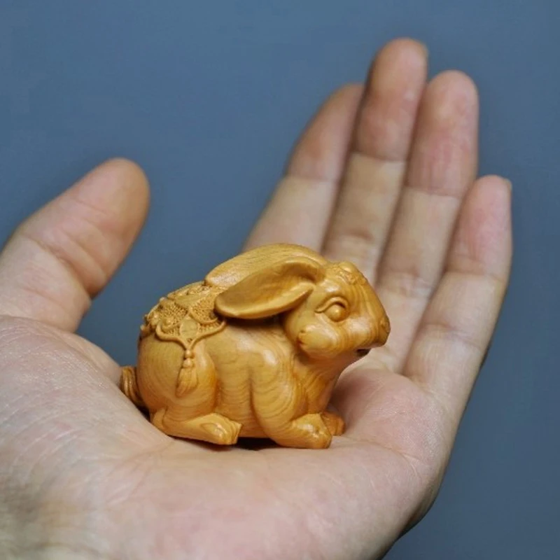 Mini Wood Carving Easter Rabbit Ornaments Zodiac Statue FU Rabbit Animal Decor Office Desktop Decor Car Decoration Party Gift