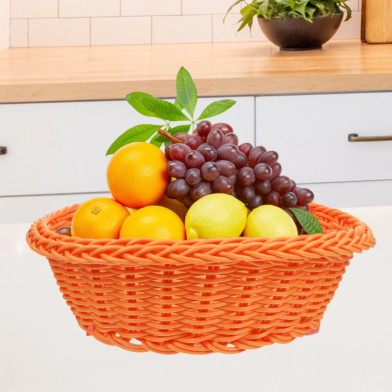 

1Pcs Fruit Storage Basket Plastic Imitated Rattan Bread Snack Serving Tray Multipurpose Storage Holder Home Kitchen Use