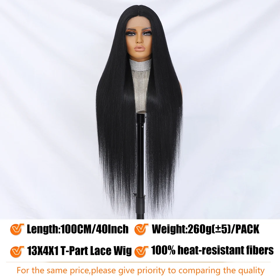 Perruque Lace Front Synthétique Noire Super Longue et Lisse, 40 Pouces, Pre-Plucked, pour Femme Afro