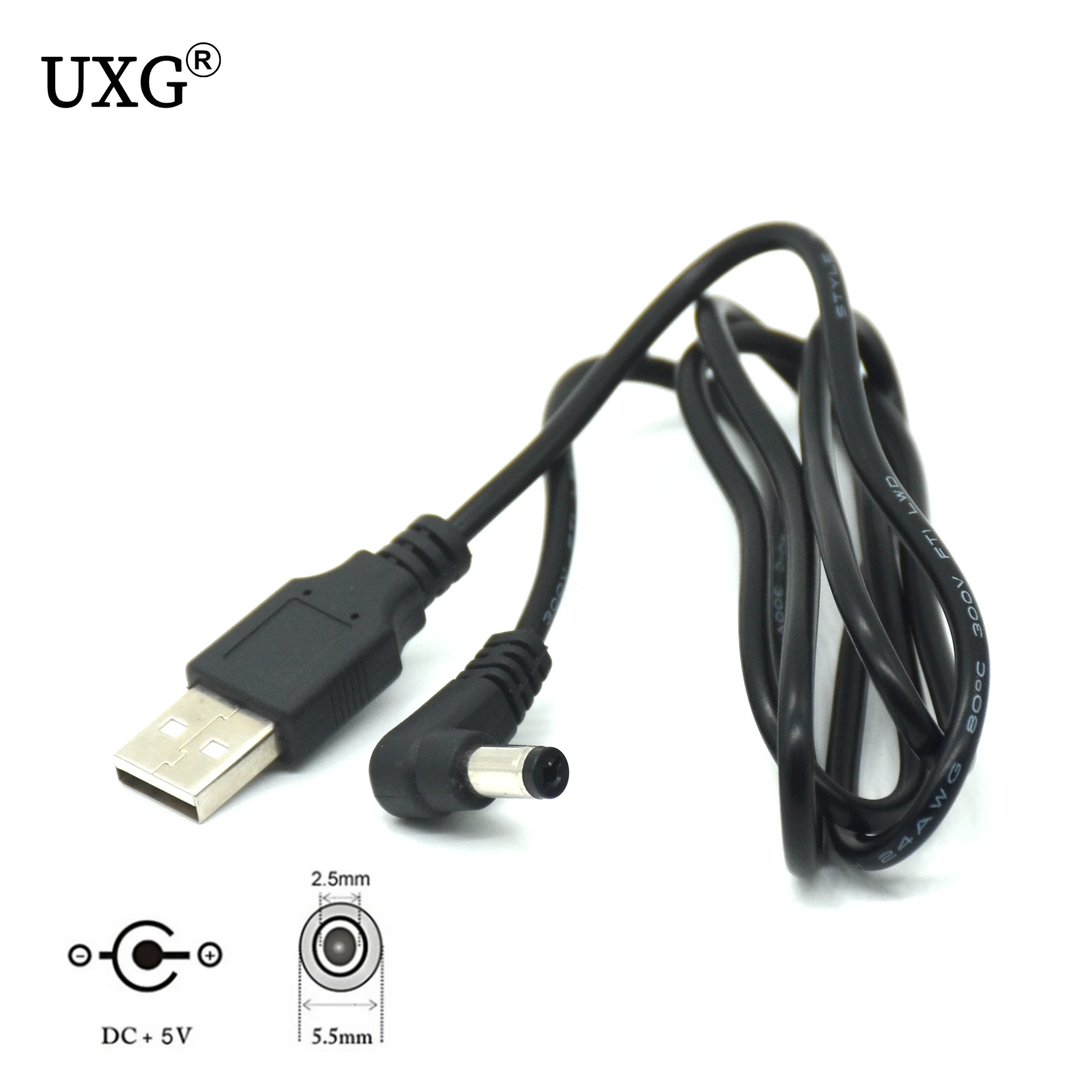 2A DC Power Plug USB Convert To 5.5*2.5mm/DC 5.5x2.5mm White Black L Shape Right Angle Jack With Cord Connector USB Power Cable