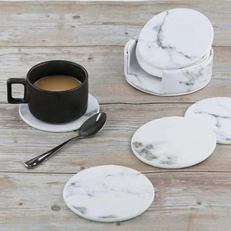 6PCS Hot Sale PU Leather Marble Coaster Drink Coffee Cup Mat Easy To Round Tea Pad Table Holder Clean Placemats  Set