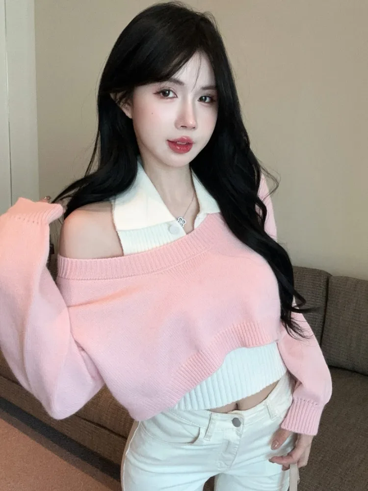 

Women's Neck Knitwear Spring Autumn Two-Piece Set Easy to Wear Layering Top with Vest Versatile Comfortable Korean Style