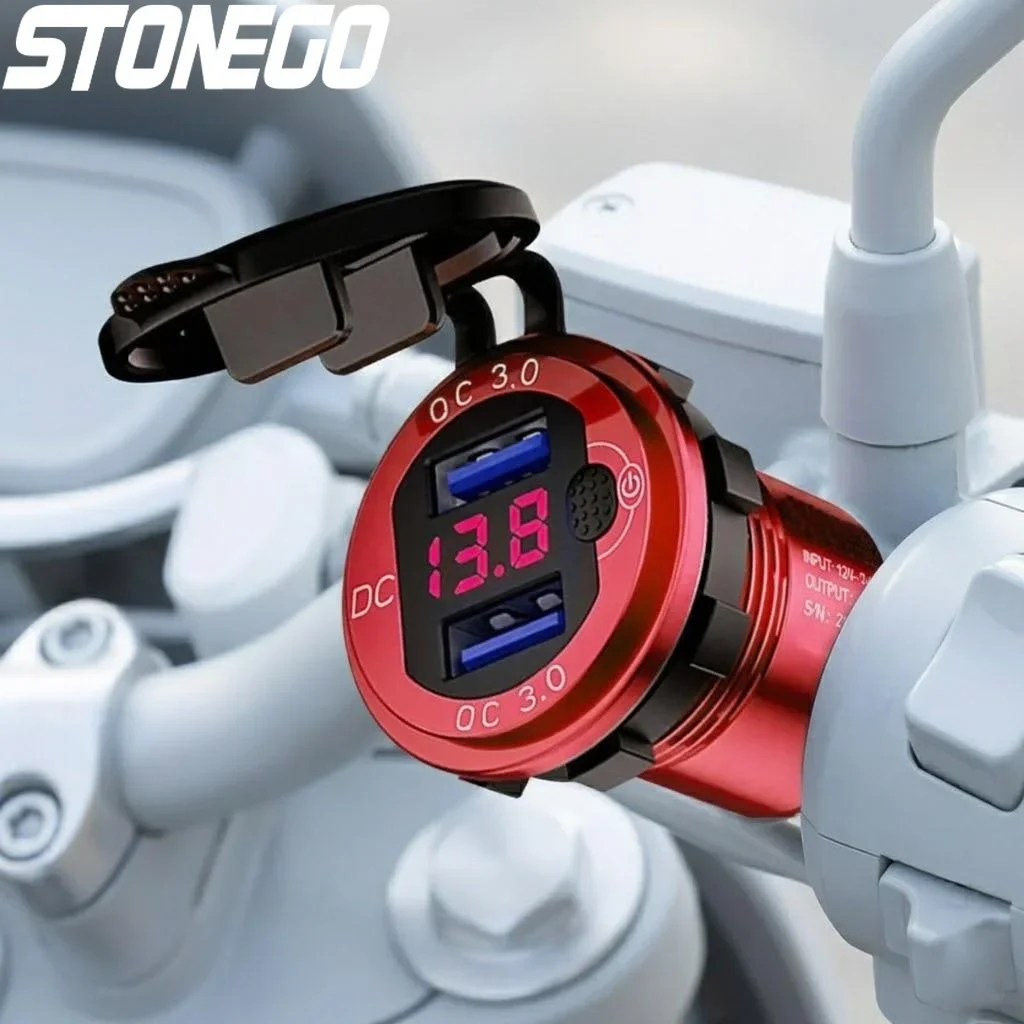 36W Dual USB Car Charger QC3.0 Waterproof Voltmeter Motorcycle 12V/24V ATV Boat Marine RV Adapter
