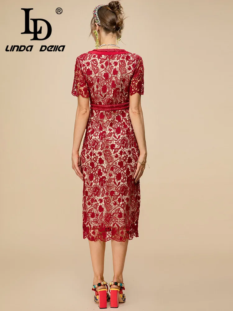 LD LINDA DELLA Fashion Runway Red Dress Women V-neck Short sleeve Hollow out Embroidery Summer Vintage Party Midi Dress