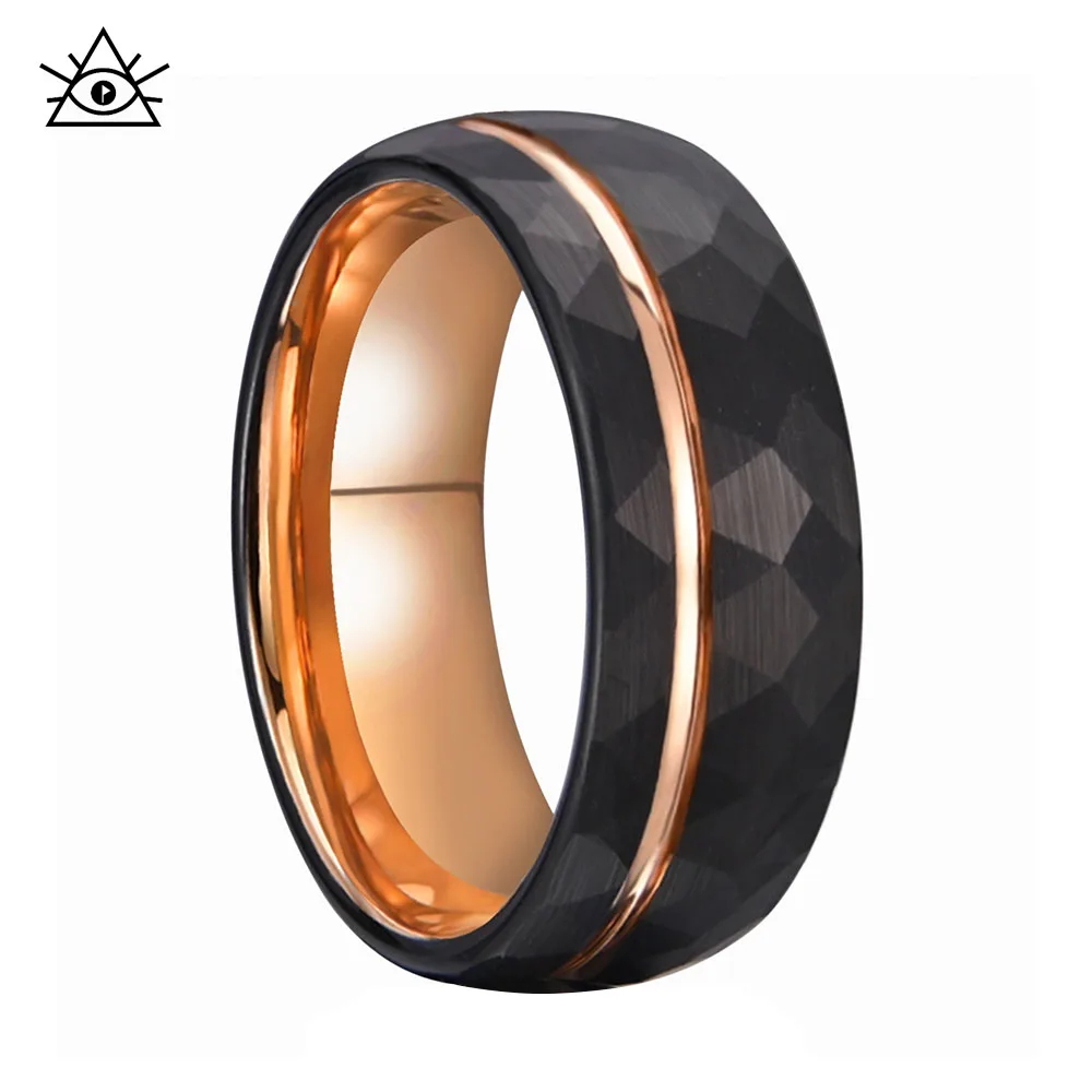 Tungsten Carbide Rings for Men Hammered  Line Multi Faceted Wedding Band Women Brushed section Ring