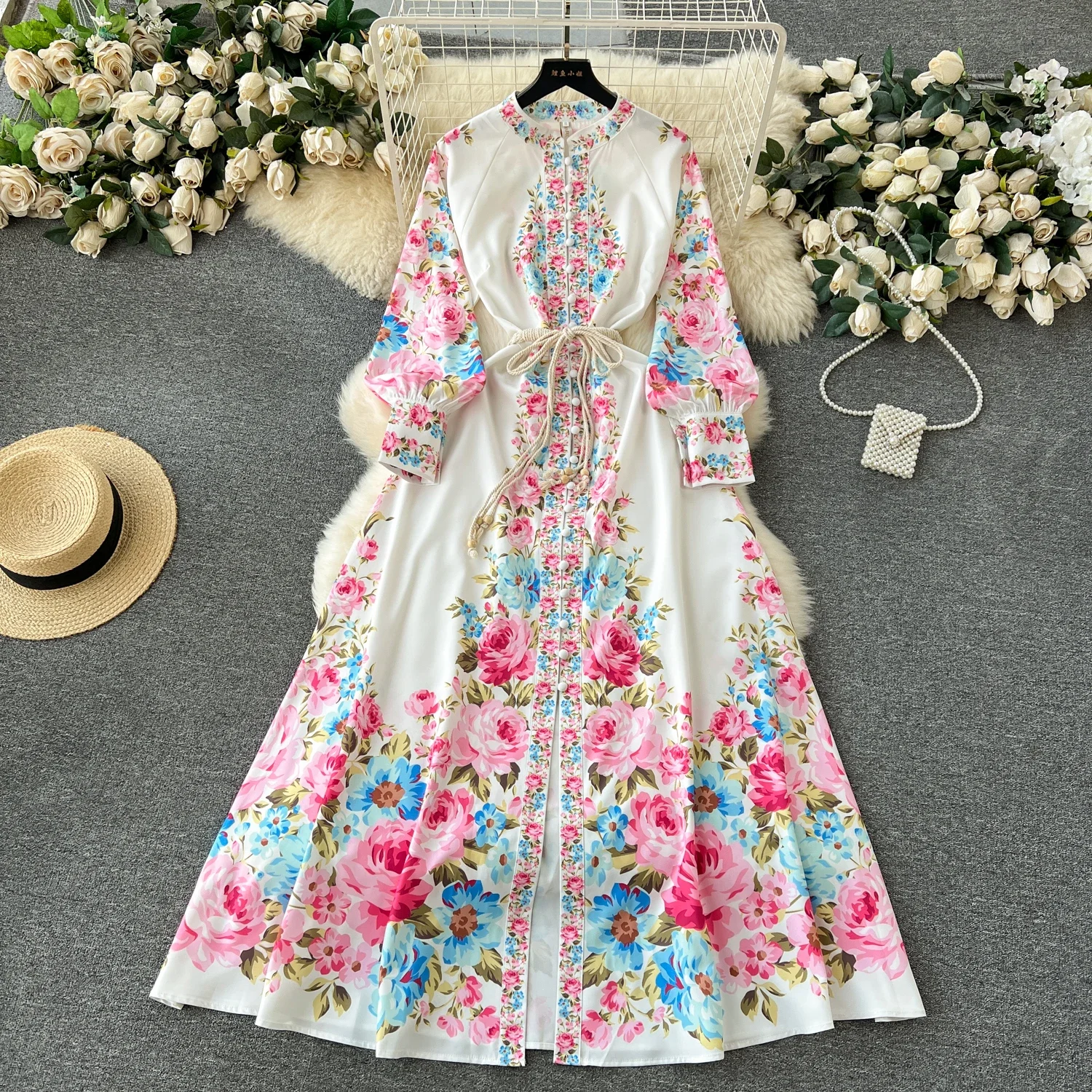 Elegant Long Sleeves Vintage O-neck Chic Print Lace-up Single Breasted Slim Dresses Evening High Street Spring Autumn Clothing