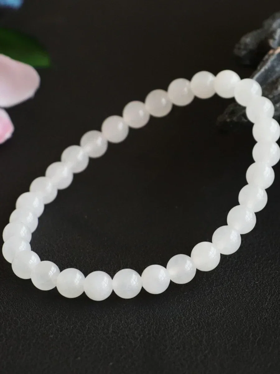 6 8 10 12mm Round Beads Natural White Jade Chalcedony Bracelet,Woman's Jewelry , Representing Purity and Lucky,Gift for Loved