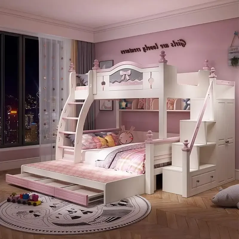 Lovely Girls Like High And Low Princess Bed In Pink Multi-Piece Furniture Bedroom Kid Household Solid Wood Children's Bunk Bed