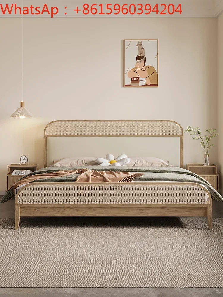 Ash solid wood bed double queen bed master bedroom lonely wind vintage Japanese B&B rattan all solid wood