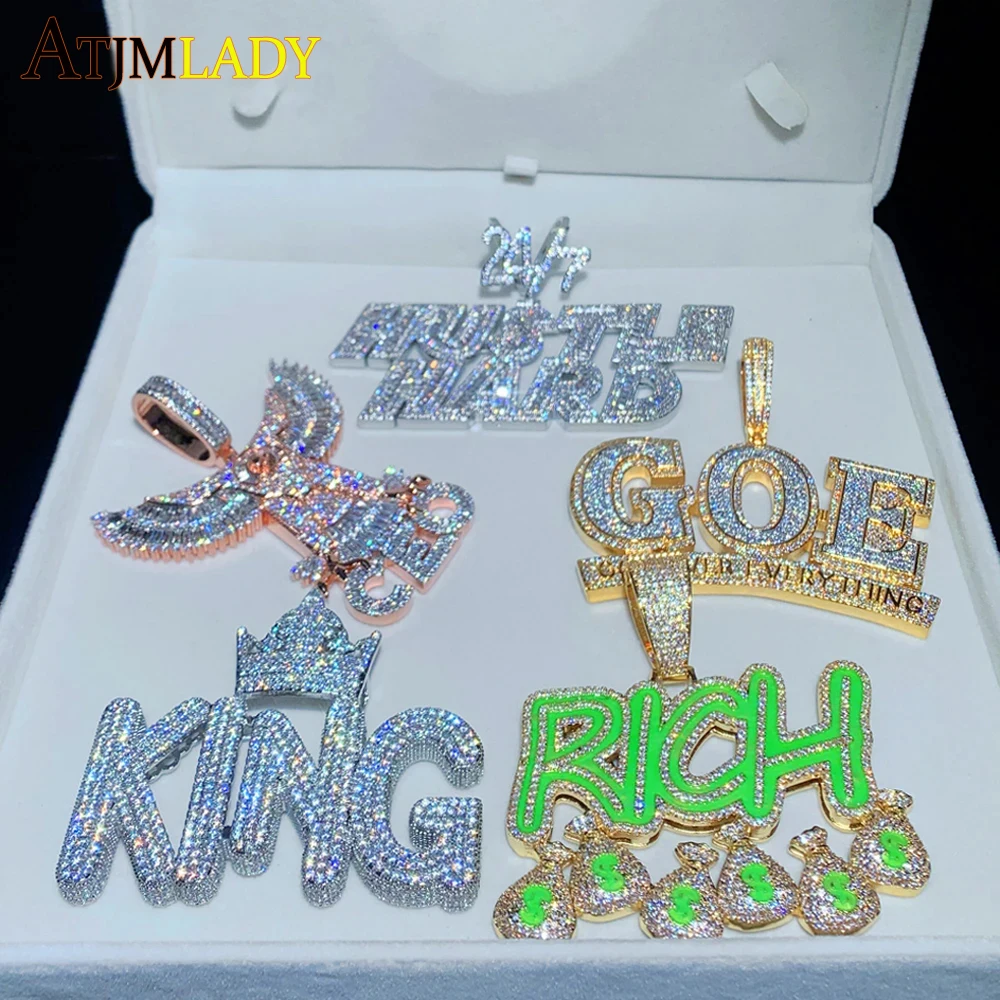 2025 New Iced Out Bling CZ Letter Hustle Hard Rich Lucky Pendant Necklace 5A Cubic Zircon Fluorescence Charms Hip Hop Jewelry