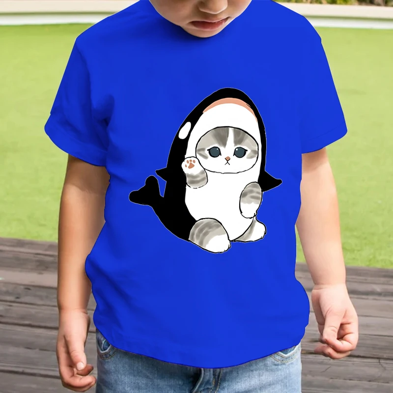 T-Shirt Girl Boy Short Sleeve Summer Shark Cat T Shirts Korean Fashion Trend Tops Cartoon Anime Kids Animal Kitten Kawaii Tshirt