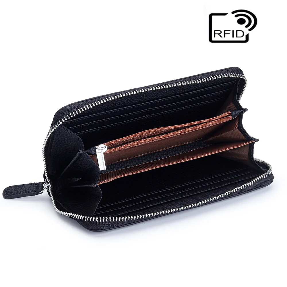Cartera de cuero genuino para mujer con bloqueo RFID y cremallera alrededor de tarjetas de crédito, carteras de mano para teléfono, monederos de estilo japonés
