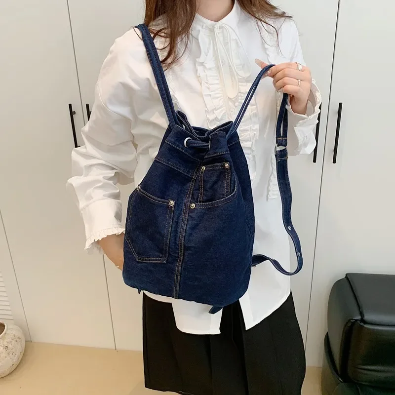 Denim Female Backpacks Casual School backpack for Teenage Girls Luxury Drawstring Women Daypack Bagpack Women Hand Bag Blue sacs