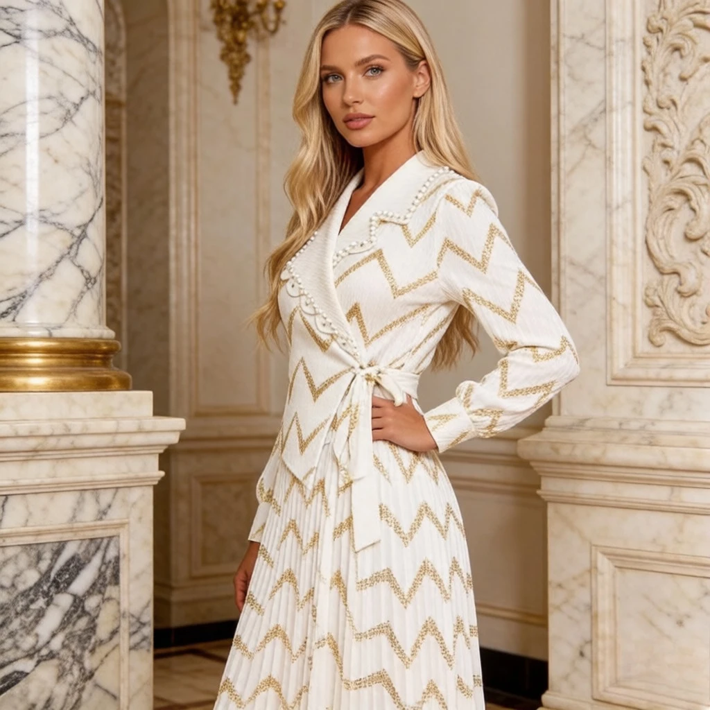 

Miyake Pleats 2026 Spring/Fall New Arrival Gold-Embossed Suit with Beaded and Rhinestone Lantern Sleeves and Cinched Waist Pleat