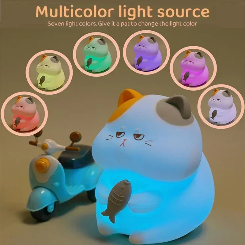 Greedy Cat Night Light USB Rechargeable Warm and RGB Nursery Sleeping Lamp Kawaii Cordless Night Lights For Kids Room Decor