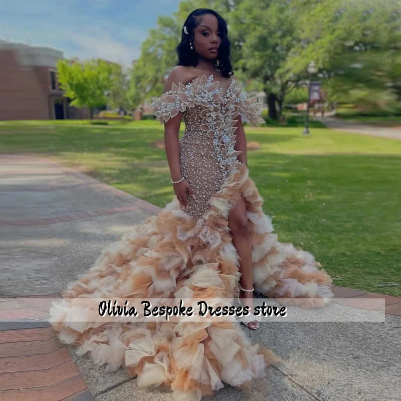 ชุดราตรีทรงเมอร์เมดสีแชมเปญทองหรูหรา ประดับมุกเต็มตัว ชุดงานแต่งงานแบบแอฟริกัน ชุดงานเลี้ยง Aso Ebi ผ้าทูลล์ประดับดอกไม้ ชุดวันเกิดสั่งตัดได้