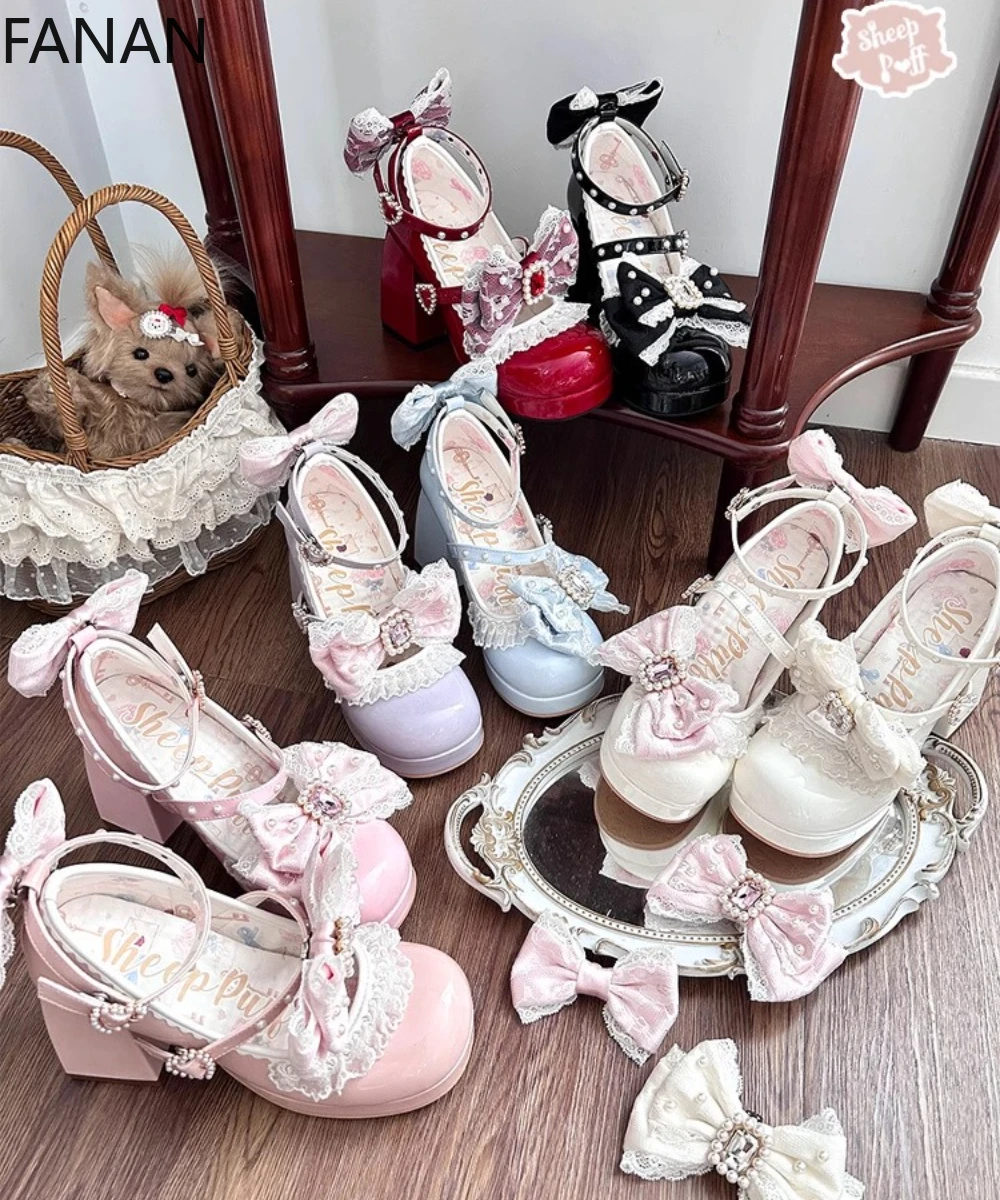

Lace High Heel Shoes for Women's Lolita Pearl Cute Elegant Platform Shoes Banquet Pink Comfortable Waterproof Cos Pumps
