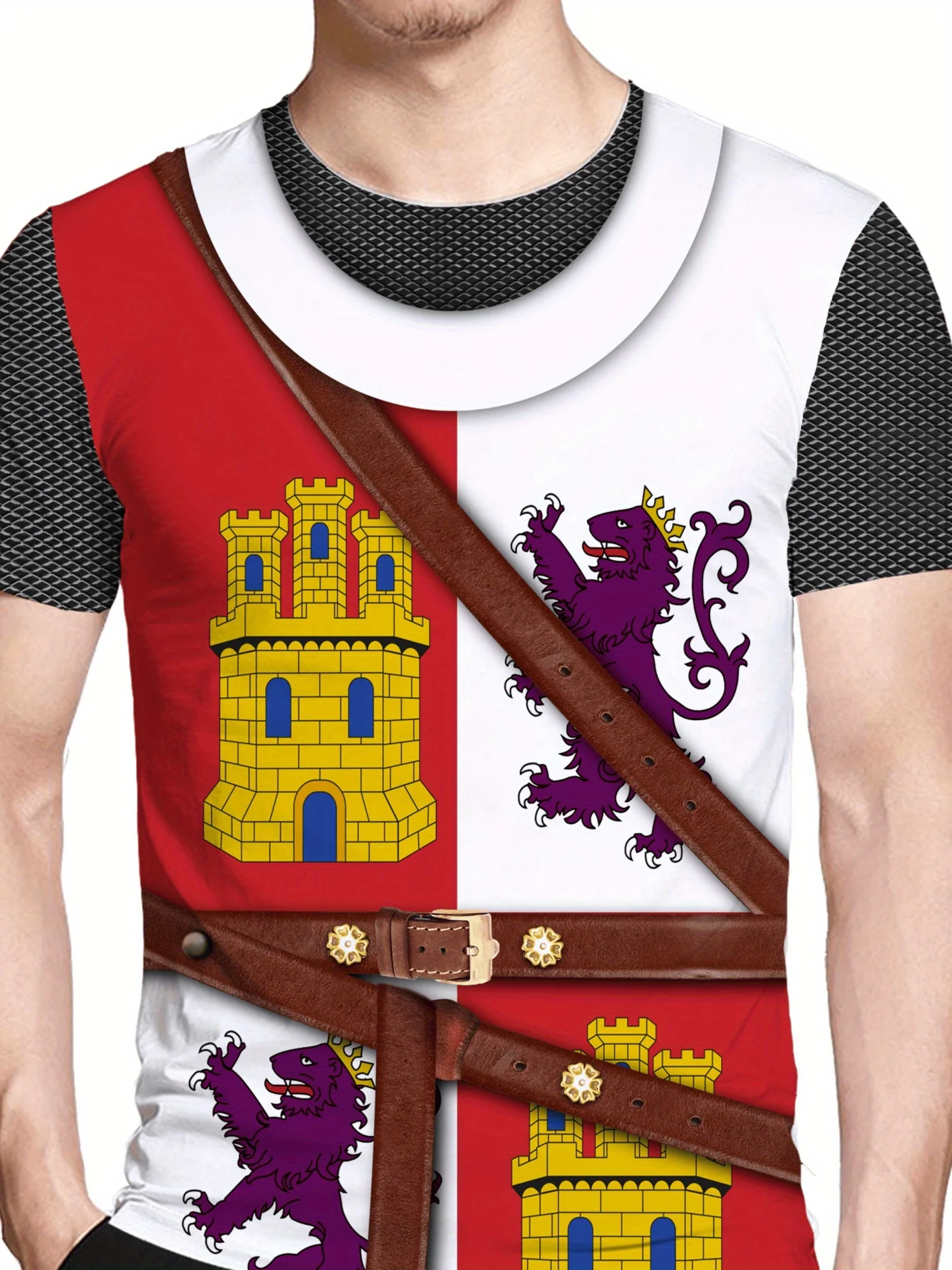 

Men's Retro Medieval Knight 3D Print T-Shirt - Short Sleeve, Red & White Geometric Design with Castle & Dragon Emblem