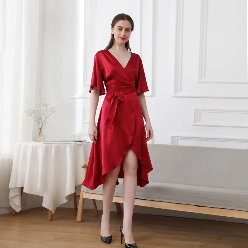 Slim Waist 100% Mulberry Silk Elegant Midi Dress V-neck Lace Up Sexy Dress Ruffled Female Home Beach Dresses Satin Night Dress