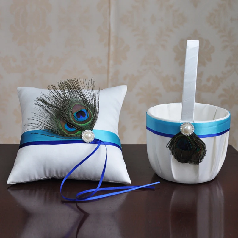 5Pcs/Set Peacock Feathers Decor Wedding Sets Ring Pillow & Flower Basket & Guest Book & Pen & Garter Fashion Bride Accessories