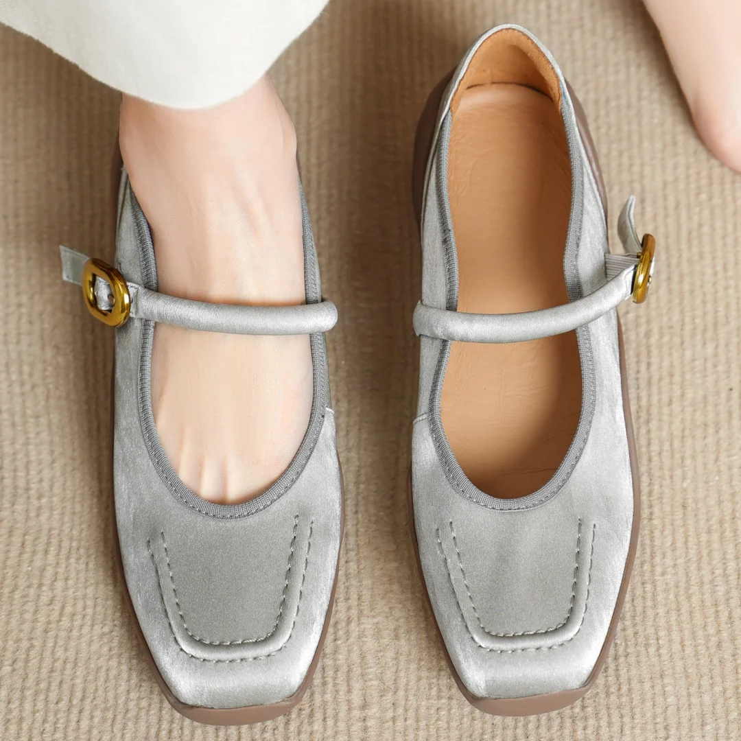 

Women's genuine leather metal buckle square toe slip-on Mary Jane flats high quality soft comfortable casual female daily shoes