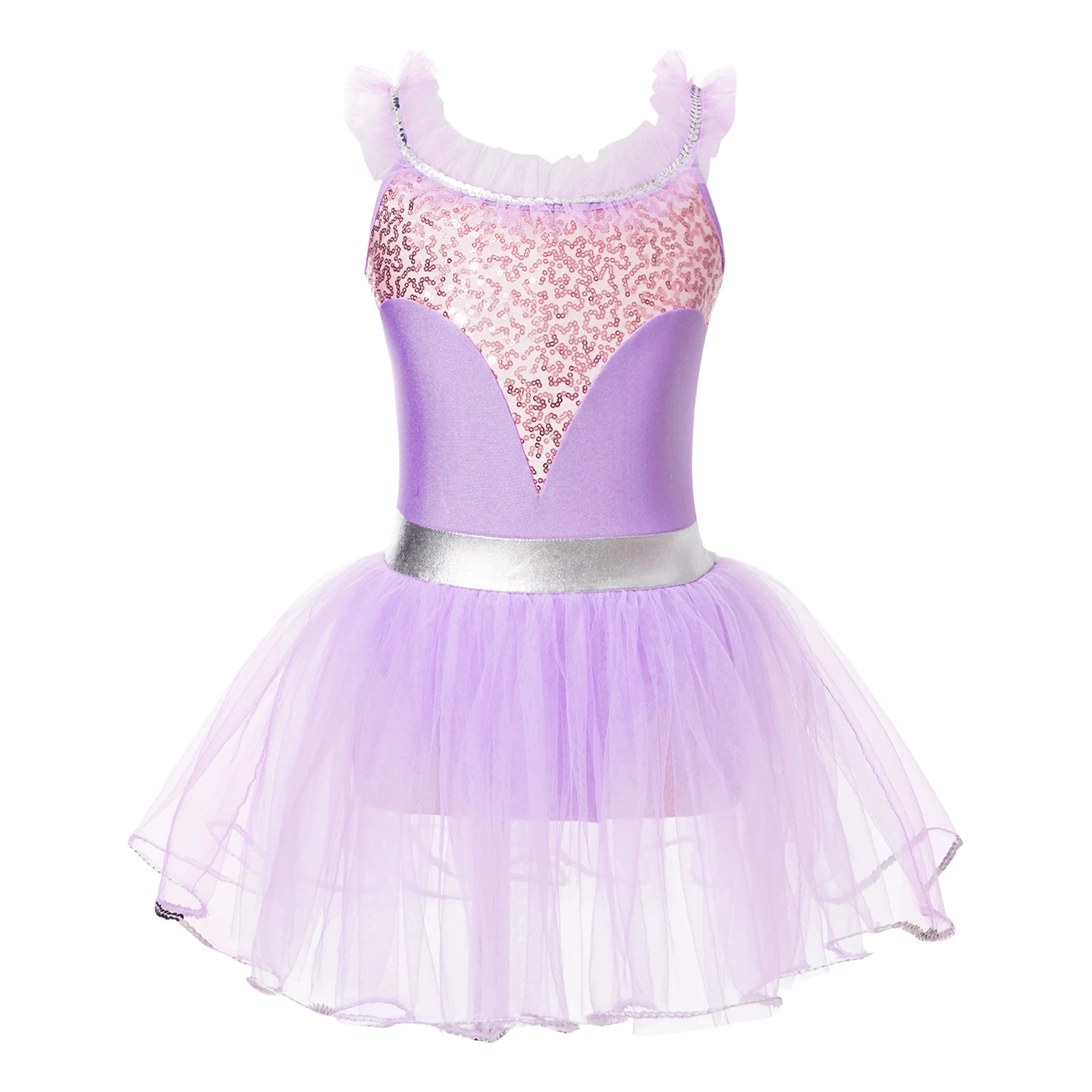 

Kids Girls Ballet Tutu Dress Latin Dance Gymnastics Leotards Sequins Ruffle Straps Figure Skating Stage Performance Dancewear