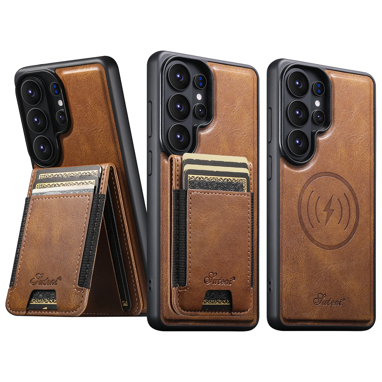 SUTENI Kunstleder-Handyhülle mit kabelloser Ladefunktion, Magnetkartenhalter und Ständer für Samsung Galaxy S26 Ultra S25 Plus S24 S23+