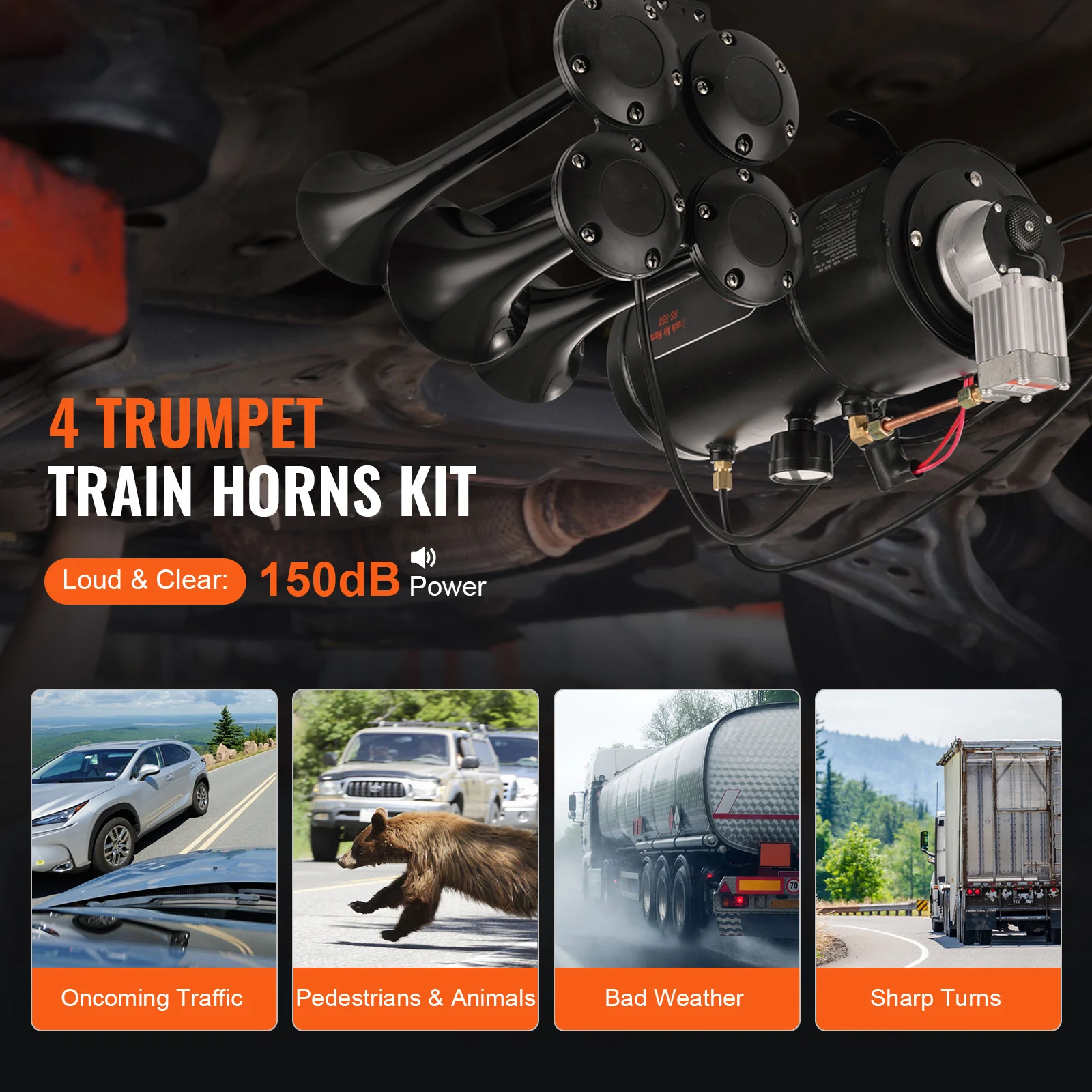 Train Horns Kit, 4 Trumpet Air Horn Kit, 150dB Train Horns for Pickup Trucks 12V 120 psi Air Compressor for Truck Train