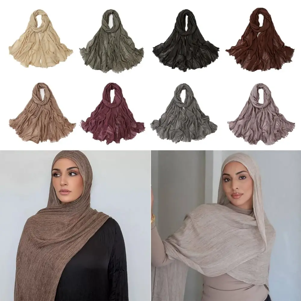 

Простые 180*70 см мятые хиджабы из искусственного шелка, однотонная женская повязка на голову, дышащий женский тюрбан, четыре сезона