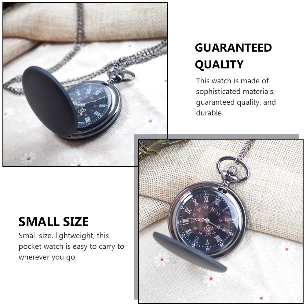 Mattschwarze Quarz-Taschenuhr, kleine, leichte, tragbare Retro-Uhr für Männer und Frauen mit Kette, Vintage-Design