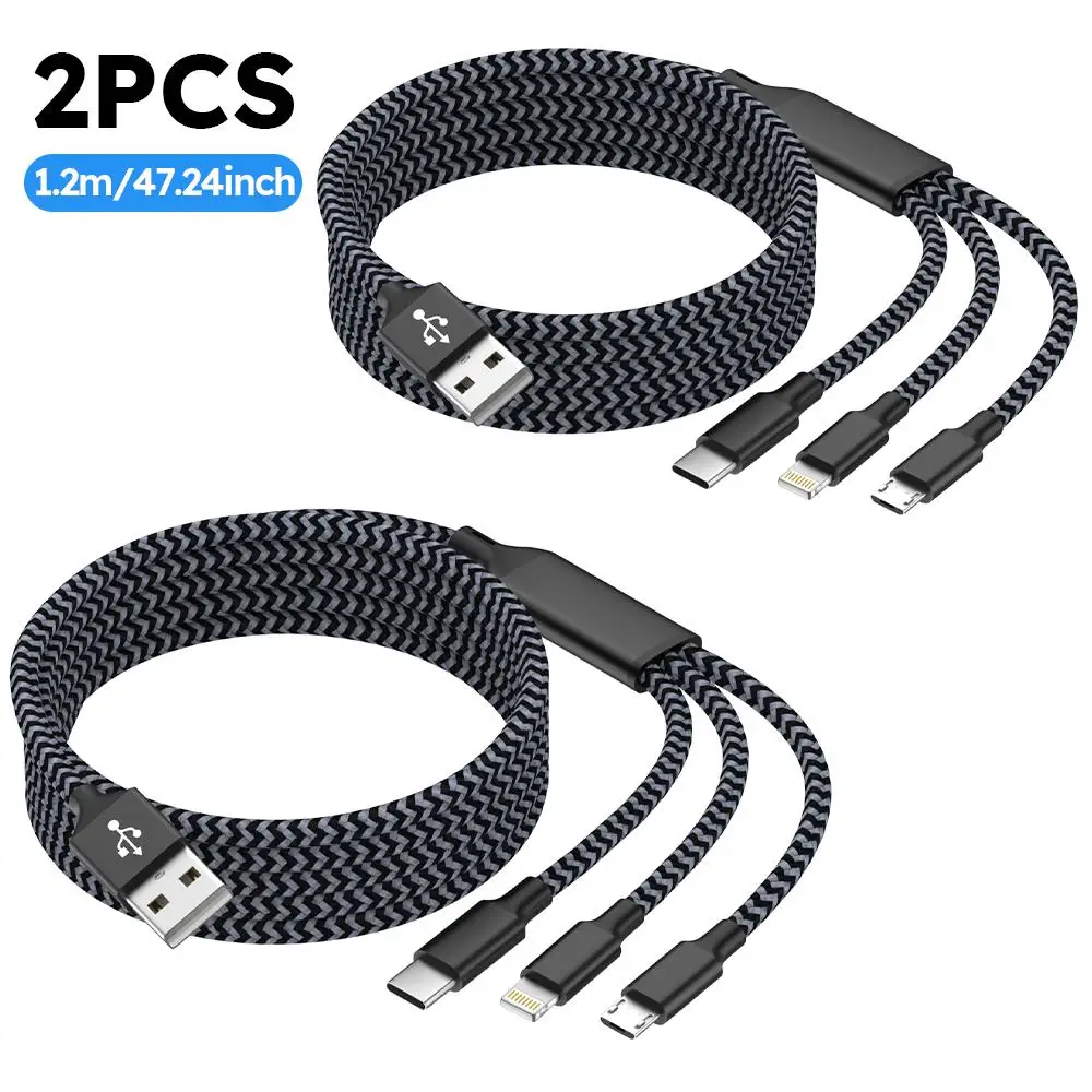 

2pcs 3 In 1 Nylon weave Fast Charging USB cable For Iphone Samsung Huawei Xiaomi Multi Port Multiple Usb Charging Wire Line