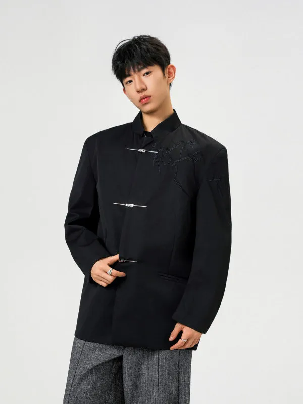 Nuovo colletto alla coreana ricamato Sle cinese Jaet da uomo con bottoni in metallo oulder pad abito casual capispalla primavera autunno alla moda...