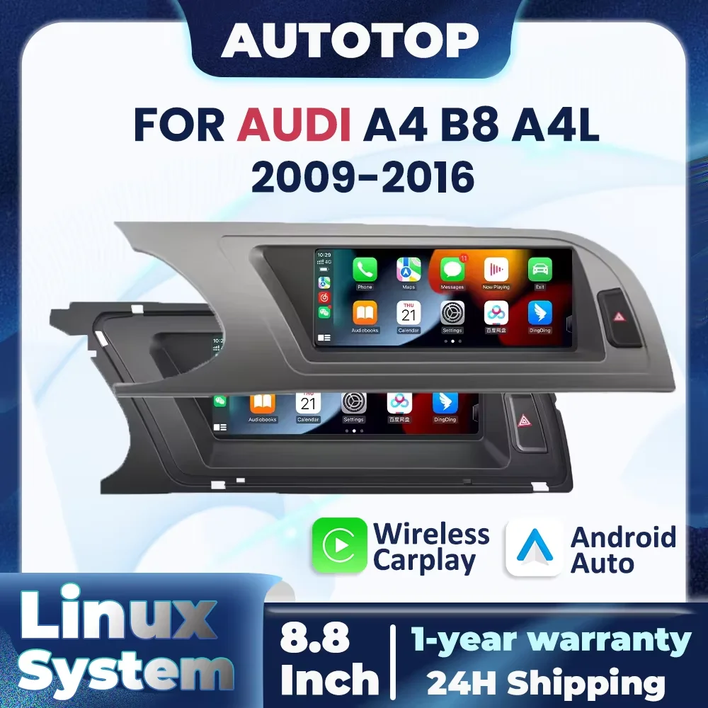 Autoradio con sistema Linux da 8,8 pollici, Wireless CarPlay e Android Auto per Audi A4 B8 A4L 2009-2016, touchscreen, Bluetooth, stereo multimediale.