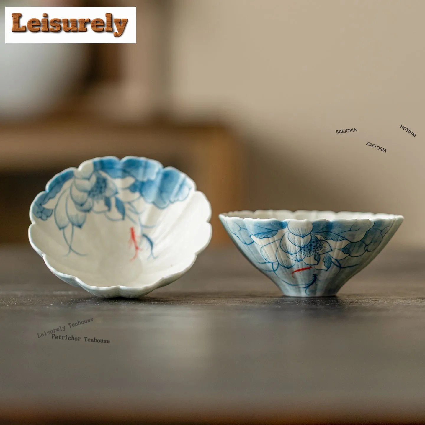 HOYIHM 60ml Sprinkle Blue Hand Painted Fish Playing Lotus Teacup Ancient Tea Bowl Jug Tea-tasting Smelling Cup Jianzhan Master