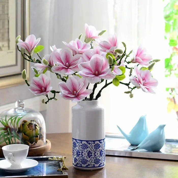 Hand feel magnolia with buds, high simulation, Chinese style floral art, living room decoration