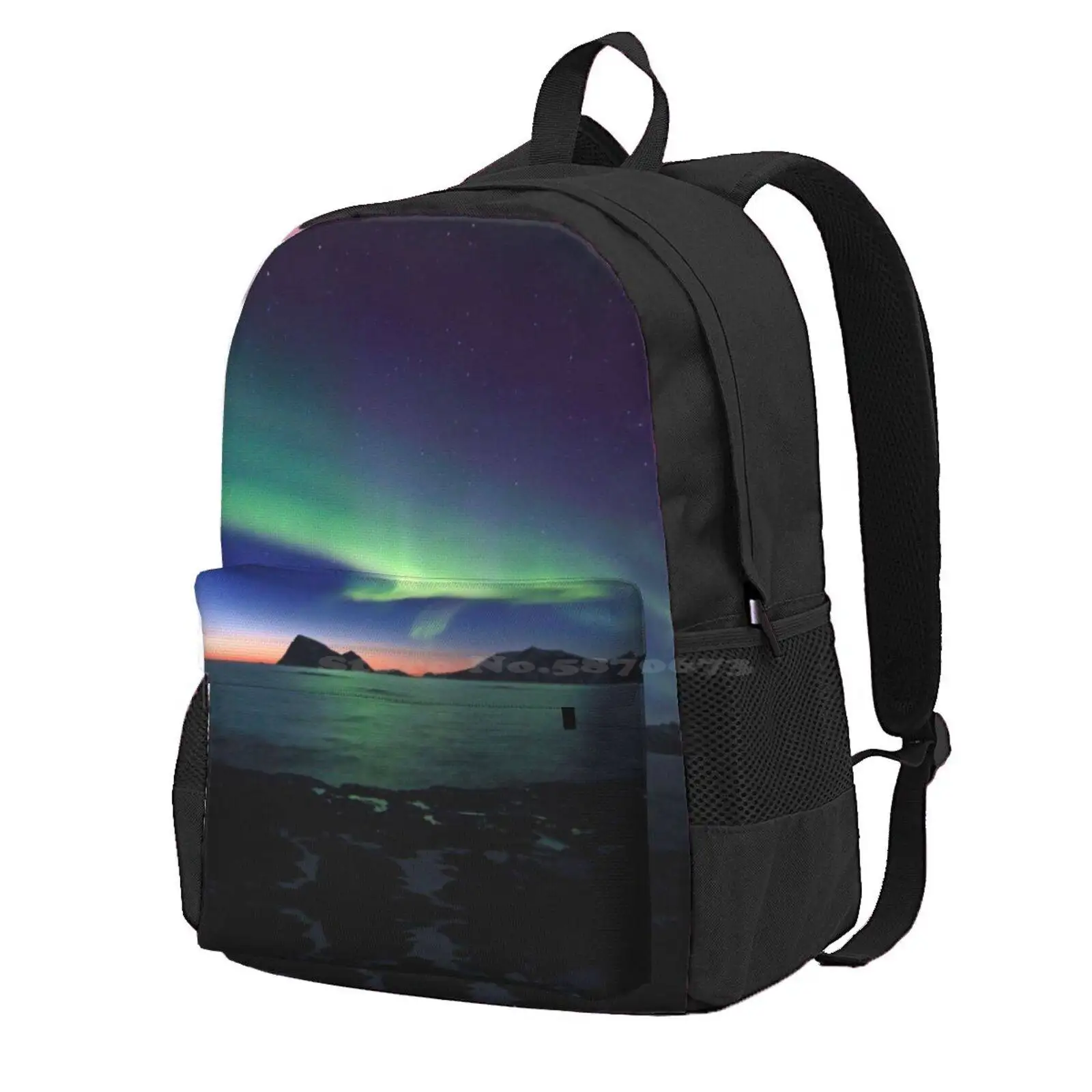 Aurora Borealis Over Haja Island -Ii Hot Sale Schoolbag Backpack Fashion Bags Aurora Borealis North Light Hilles Y Night Sea