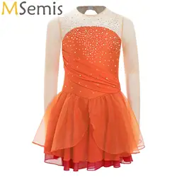 Figure Ice Skating Dress for Kids Girls Glittery Rhinestones Long Sleeves Ballroom Ballet Dance Costume Performance Clothing