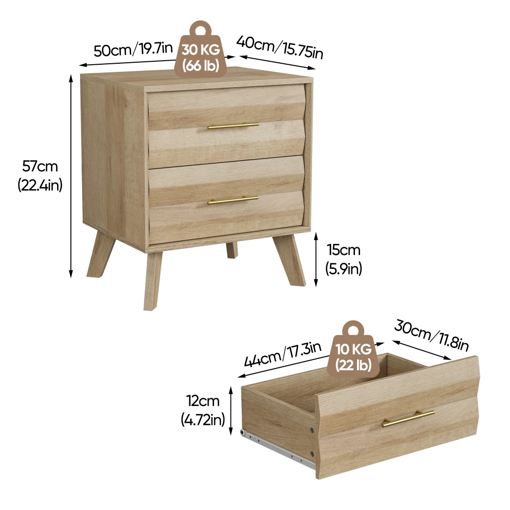 Modern Minimal Wood Finish Bedside Cabinet, Understated Luxury End Table with Metal Pull Handles, Stable Pine Leg & Anti-Tip Device, Multi-scene Side Table for Home Decor