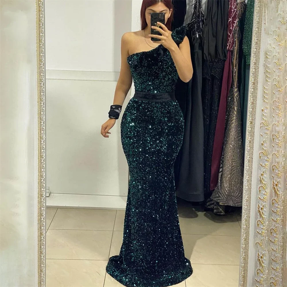 Vinca Sunny Sexy Glitter Green Sequins Mermaid Evening Dresses 2023 One Shoulder Prom Dress Arabia Dubai Shiny Party Gowns