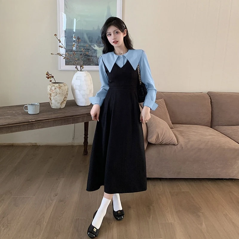 Preppy Style Dresses Women Autumn Students Casual Daily Fake 2pcs Patchwork Turn-down Collar A-line Fashion Ulzzang Streetwear